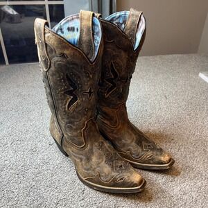 Corral Boots womens‎ 8.5 Brown Leather Studded Star Inlay Cowboy Western rodeo